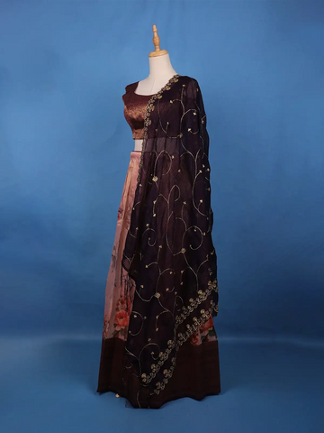 Maroon Floral Embroidered Organza Lehenga - Diadem