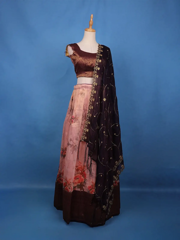 Maroon Floral Embroidered Organza Lehenga - Diadem