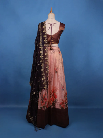 Maroon Floral Embroidered Organza Lehenga - Diadem