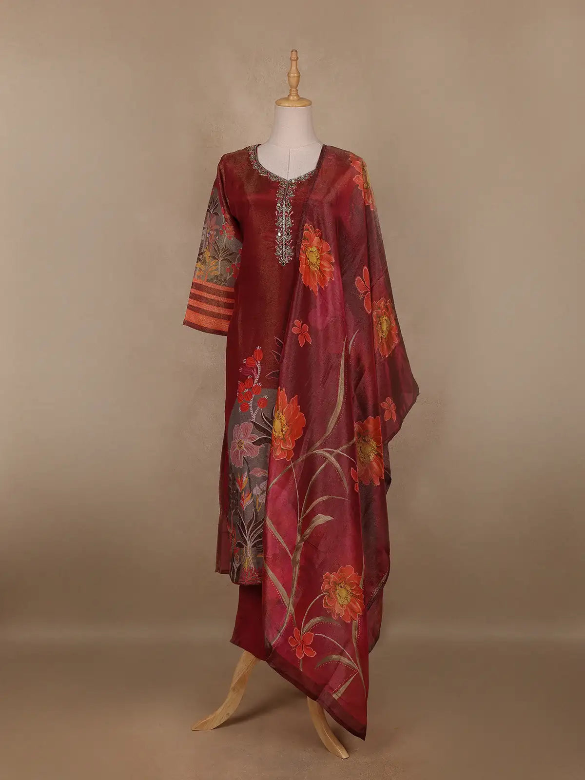 Maroon Floral Printed Shimmer Straight Cut Salwar Suit - Diadem