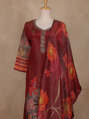 Maroon Floral Printed Shimmer Straight Cut Salwar Suit - Diadem