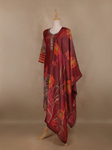 Maroon Floral Printed Shimmer Straight Cut Salwar Suit - Diadem