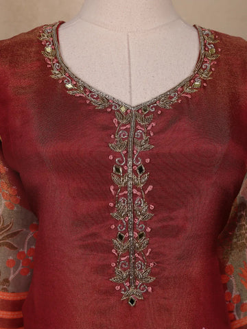 Maroon Floral Printed Shimmer Straight Cut Salwar Suit - Diadem