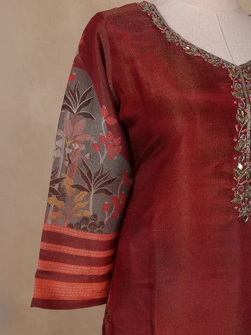 Maroon Floral Printed Shimmer Straight Cut Salwar Suit - Diadem