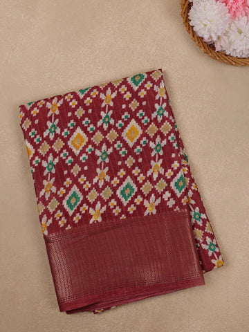 Maroon Multi-Color Geometric Ikat Patterned Cotton Saree - Diadem