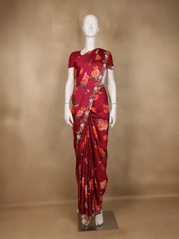 Maroon Red Floral Designed Satin Saree - Diadem