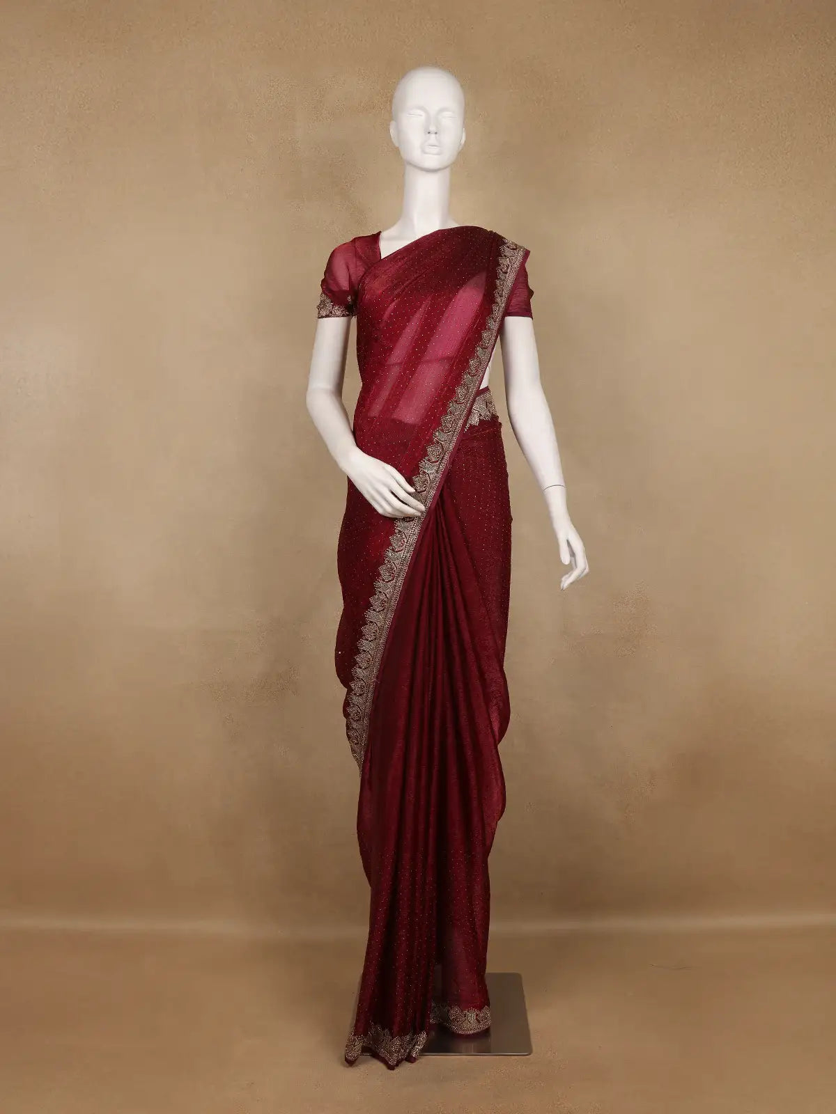 Maroon Red Sequins Embroidered Satin Saree - Diadem