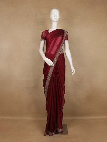 Maroon Red Sequins Embroidered Satin Saree - Diadem