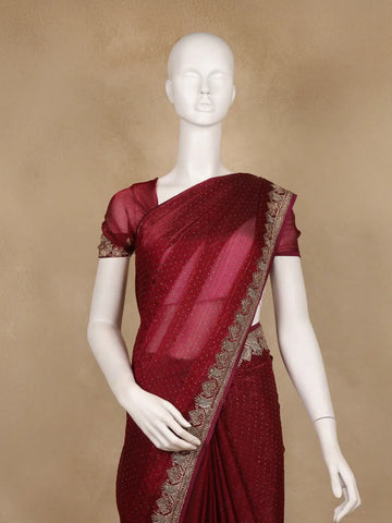 Maroon Red Sequins Embroidered Satin Saree - Diadem