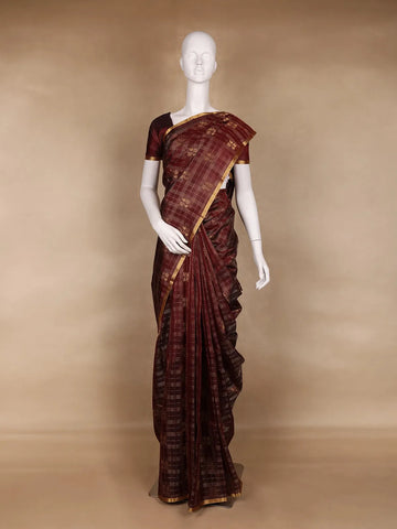 Maroon Small Checked Peacock Motif Design Silk Saree - Diadem