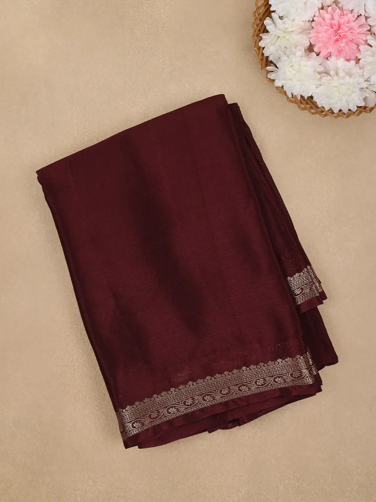 Maroon Wine Solid Design Antique Gold Zari Border Mysore Silk Saree - Diadem
