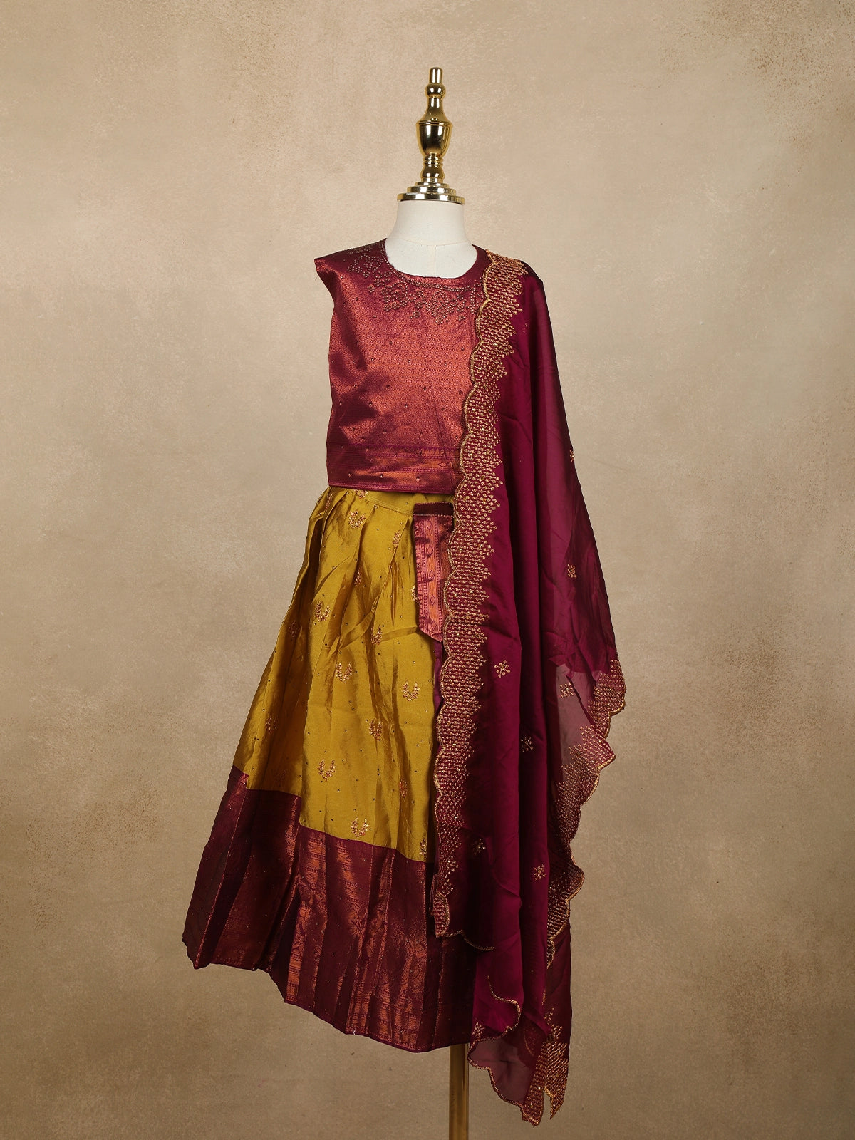 Maroon And Mustard Yellow Zari Woven Raw Silk Pattu Pavadai With Dupatta