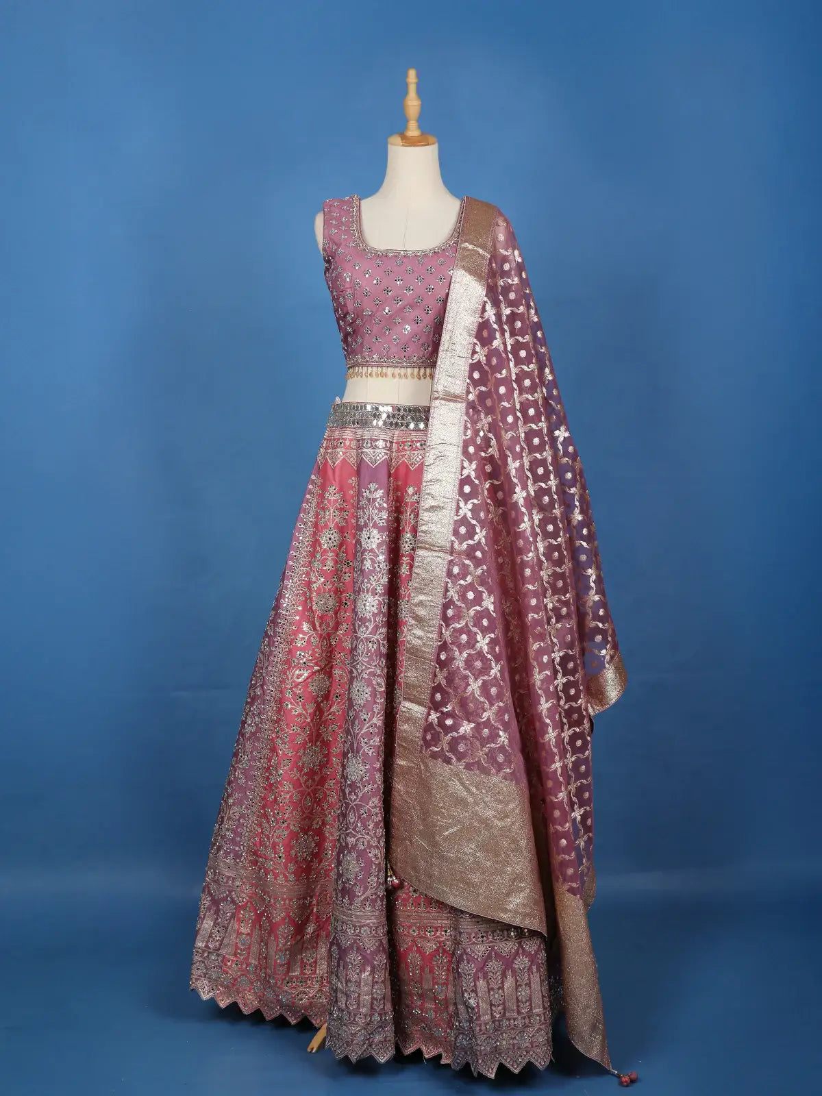 Mauve Rose Floral Designed Mirror Work Silk Bridesmaid Lehenga - Diadem