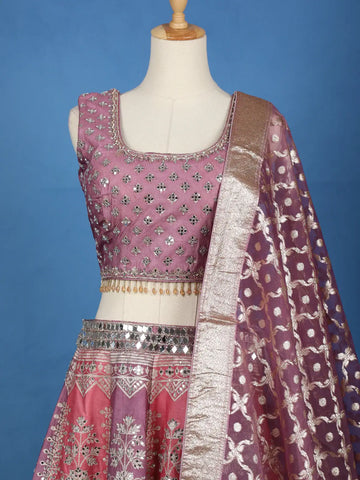 Mauve Rose Floral Designed Mirror Work Silk Bridesmaid Lehenga - Diadem