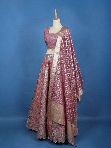 Mauve Rose Floral Designed Mirror Work Silk Bridesmaid Lehenga - Diadem