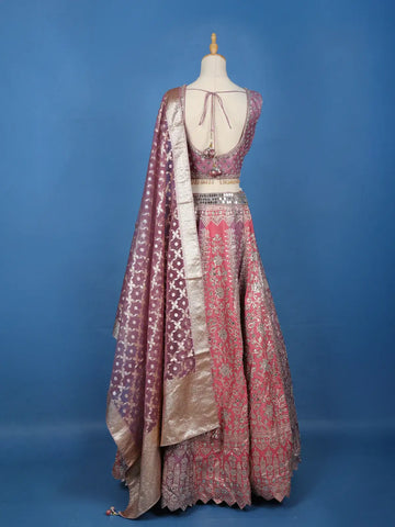 Mauve Rose Floral Designed Mirror Work Silk Bridesmaid Lehenga - Diadem