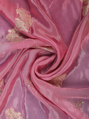 Metallic Rose Floral Zari Sequin Embellishment Organza Saree - Diadem