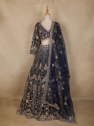 Midnight Blue Floral Design Heavy Embroidered Net Lehenga - Diadem