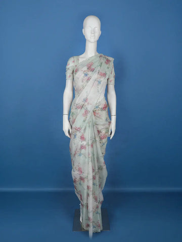 Mint Green Floral Designed Kota Cotton Saree - Diadem