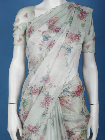 Mint Green Floral Designed Kota Cotton Saree - Diadem