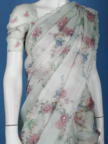 Mint Green Floral Designed Kota Cotton Saree - Diadem