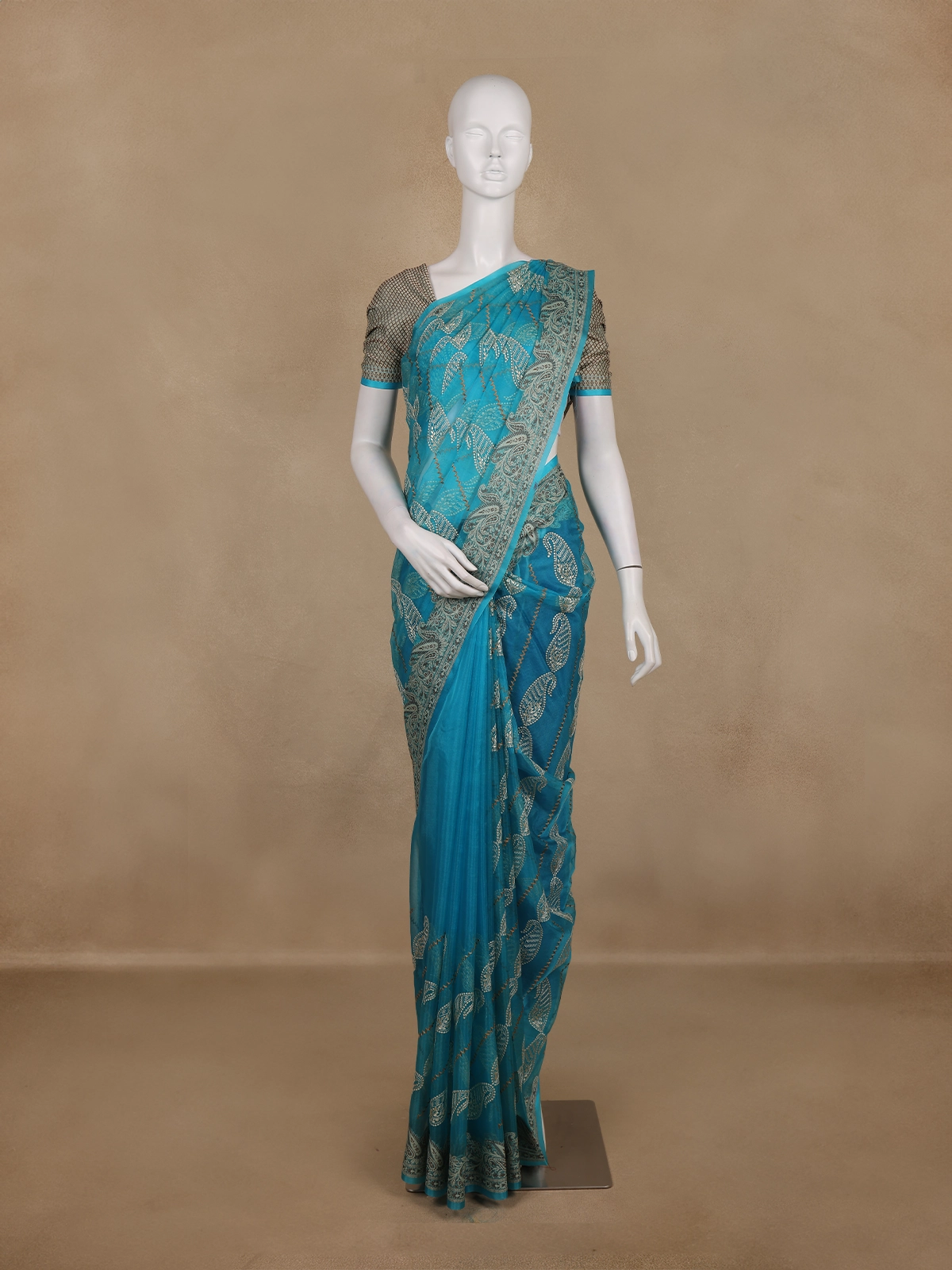 Teal Blue Paisley Design Semi Tussar Saree