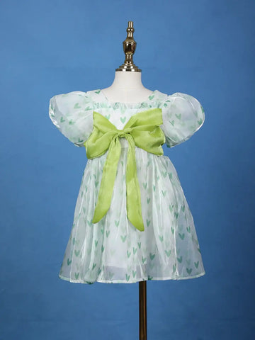 Mint Green Heart Print Party Synthetic Frock with Puff Sleeves & Bow - Diadem