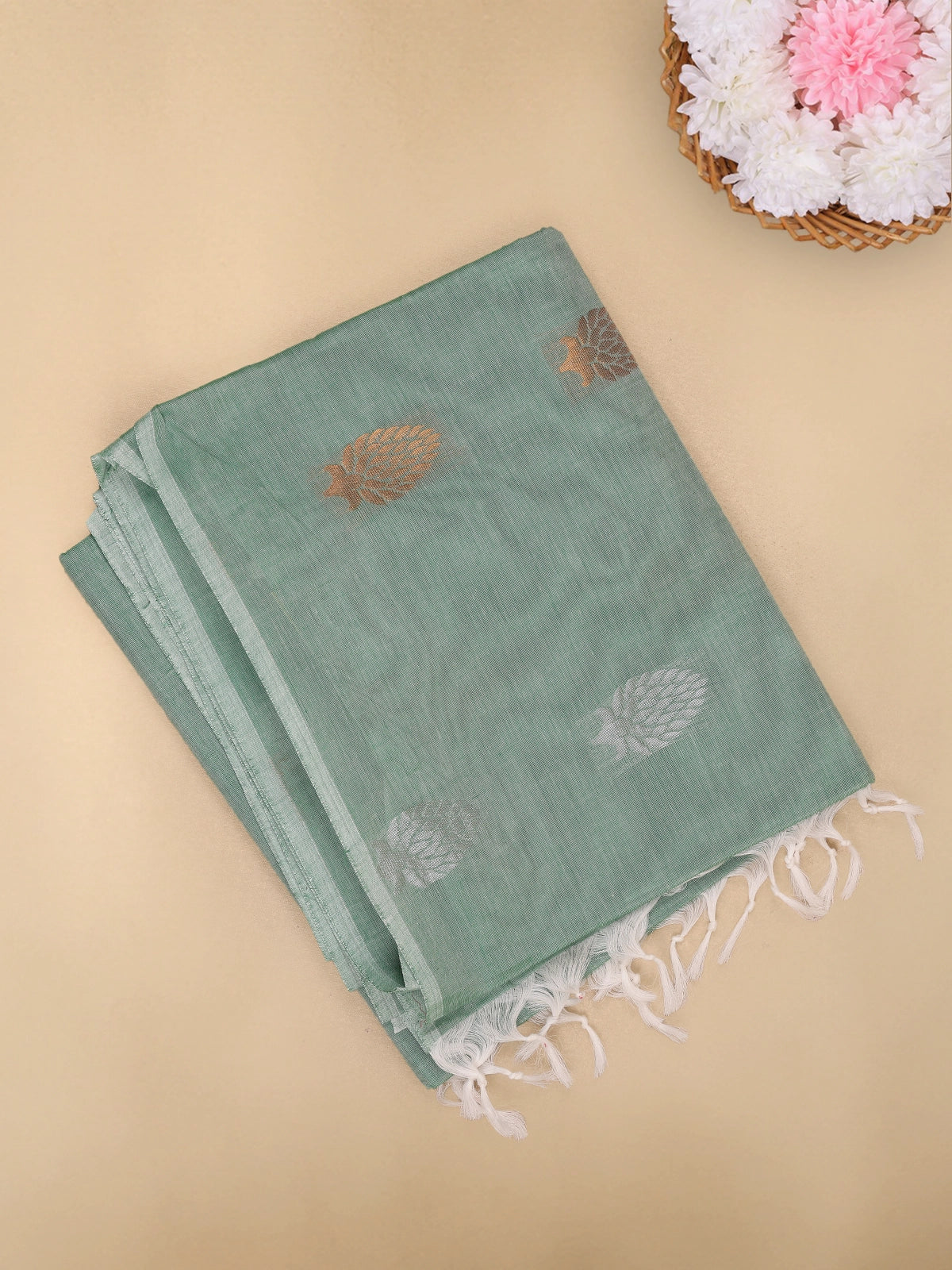 Mint Green Leaf Butta Woven Design Cotton Saree