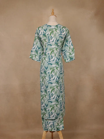 Mint Green Leaf Printed Satin Salwar Suit - Diadem