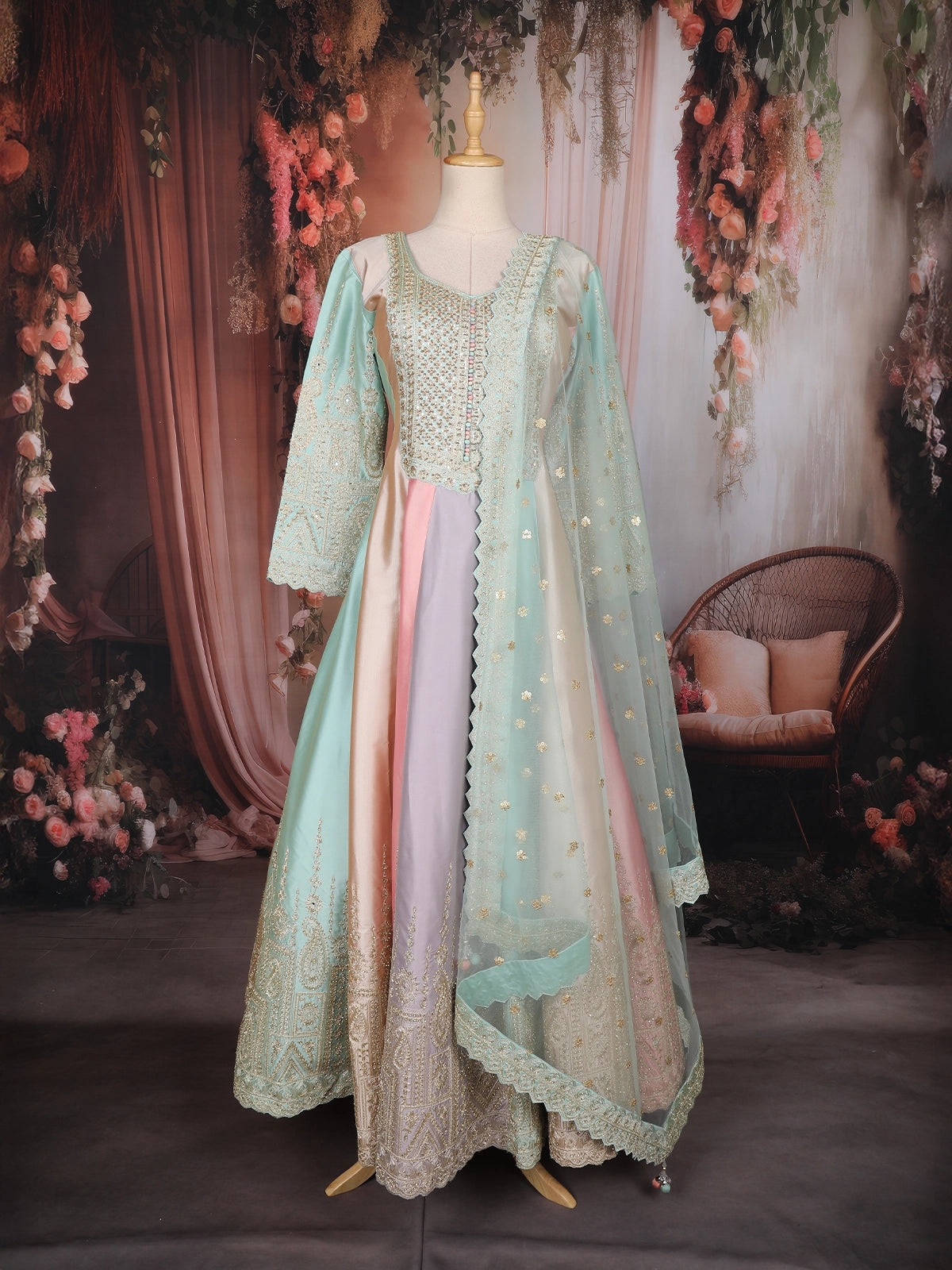 Mint Green and Pastel Multi-Shade Sequins Embroidered Satin Anarkali Gown with Dupatta | Diadem Mint Green and Pastel Multi-Shade Sequins Embroidered Satin Anarkali Gown with Dupatta | Diadem
