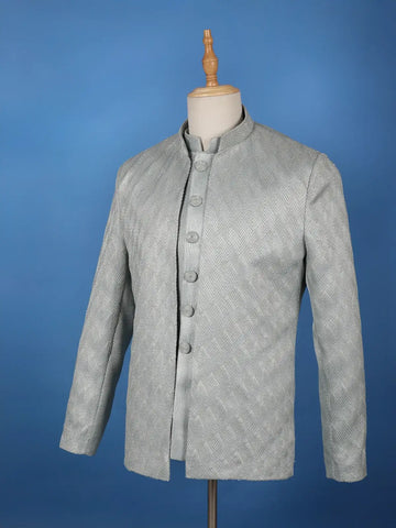 Mint Grey Raw Silk Sherwani Suit with Jacquard Pattern - Diadem