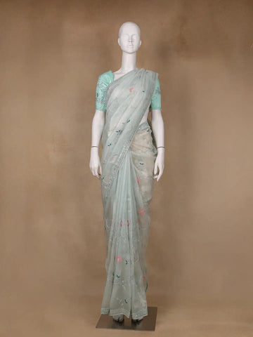 Mint Green Floral Embroidered Organza Designer Saree - Diadem