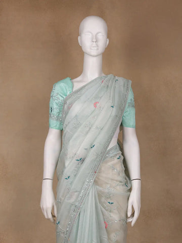 Mint Green Floral Embroidered Organza Designer Saree - Diadem