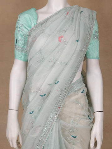 Mint Green Floral Embroidered Organza Designer Saree - Diadem