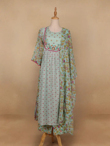 Mint Green Floral Printed Cotton Salwar Suit - Diadem
