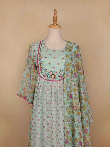 Mint Green Floral Printed Cotton Salwar Suit - Diadem