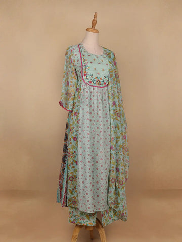Mint Green Floral Printed Cotton Salwar Suit - Diadem