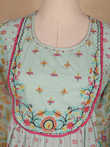 Mint Green Floral Printed Cotton Salwar Suit - Diadem