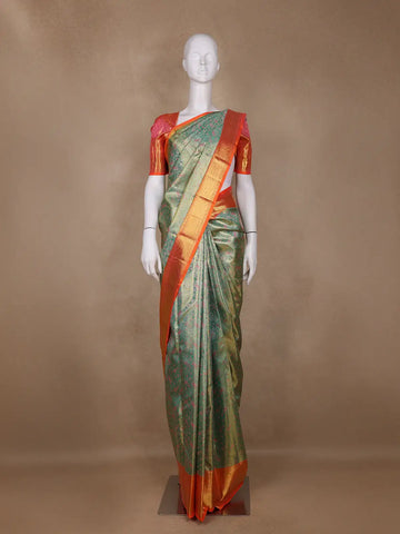 Mint Green Floral Woven Motifs Pure Kanchipuram Tissue Silk Saree - Diadem
