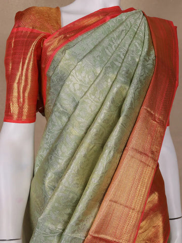 Mint Green Floral Woven Pure Tissue Silk Saree - Diadem
