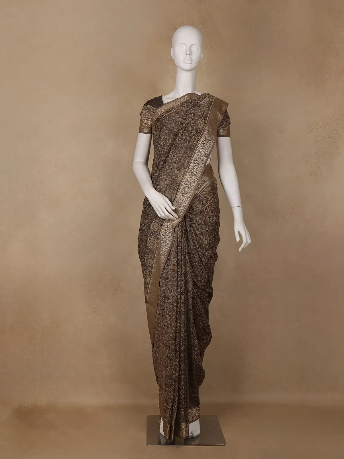 Mocha Brown Floral Printed Cotton Saree - Diadem