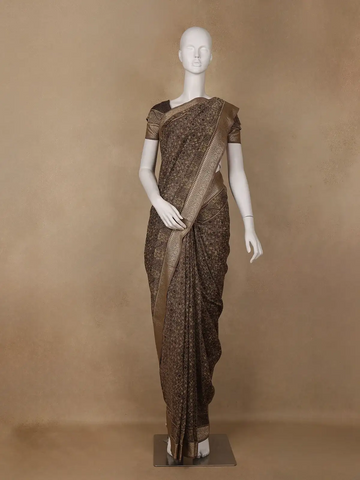 Mocha Brown Floral Printed Cotton Saree - Diadem