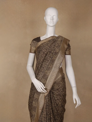 Mocha Brown Floral Printed Cotton Saree - Diadem