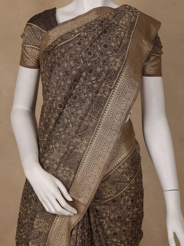 Mocha Brown Floral Printed Cotton Saree - Diadem