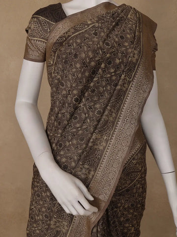 Mocha Brown Floral Printed Cotton Saree - Diadem