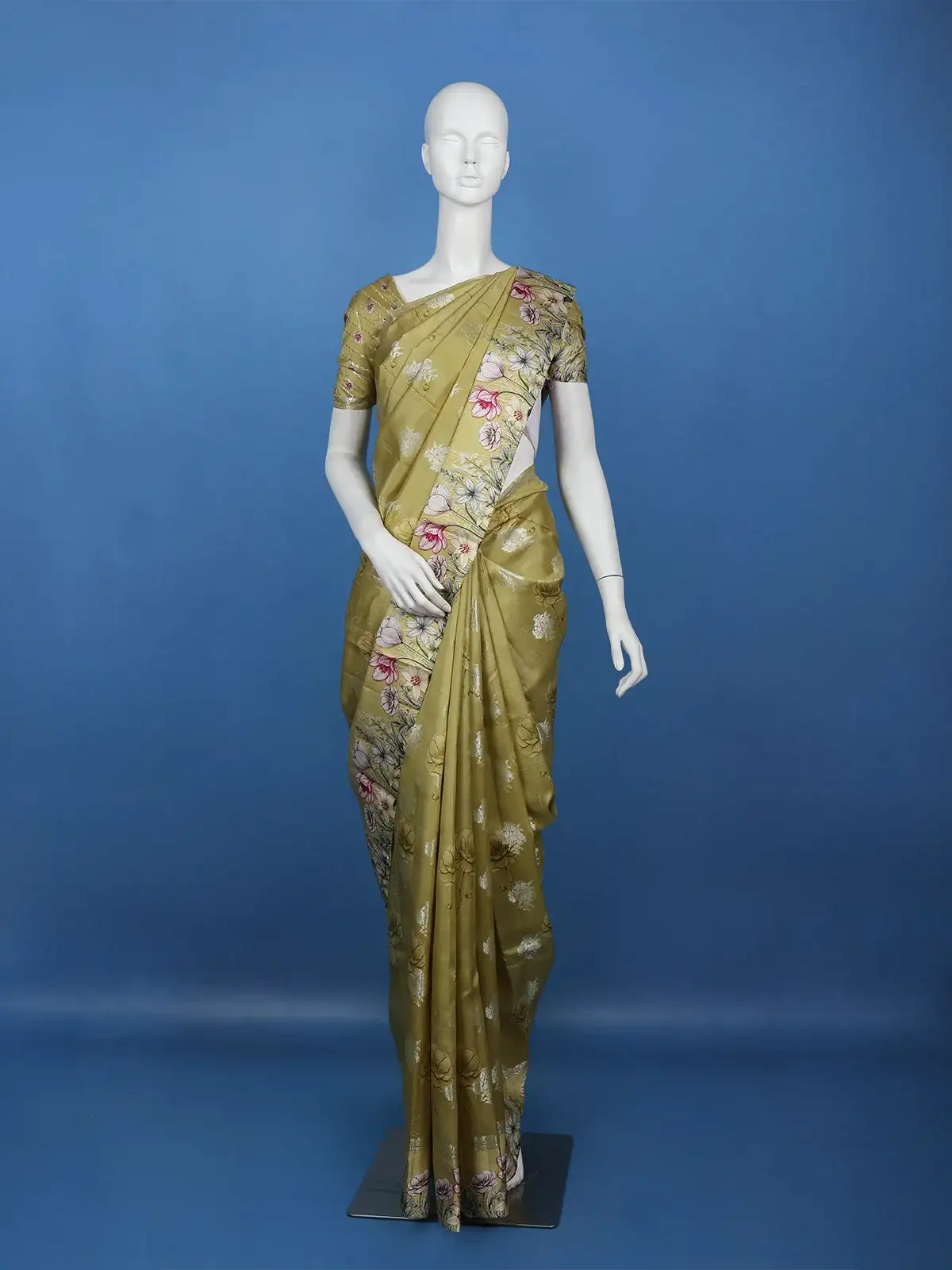 Moss Green Floral Design Tussar Silk Saree - Diadem