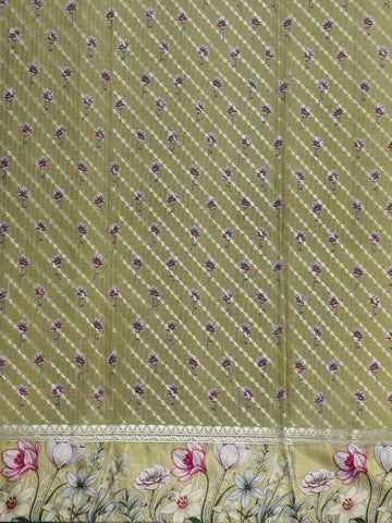 Moss Green Floral Design Tussar Silk Saree - Diadem