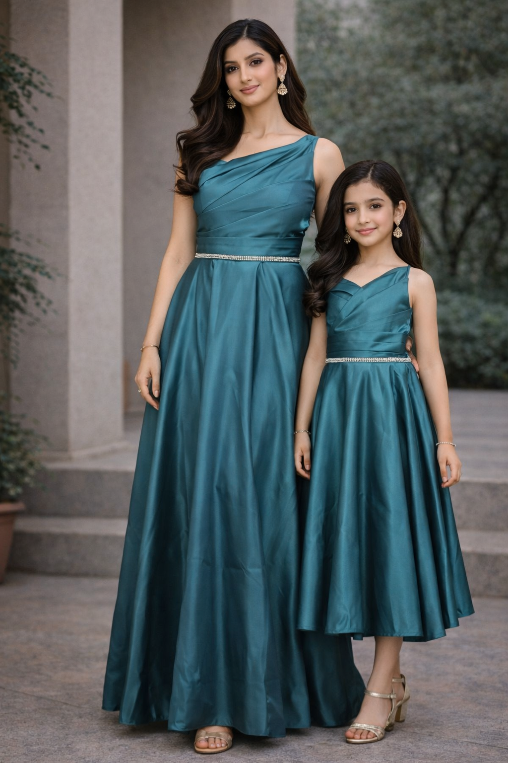 Teal Green Organza Party Wear Gowns for Mother & Daughter
