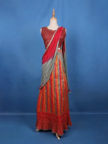 Multi-Color Beaded Sequins Embroidery Silk Lehenga - Diadem