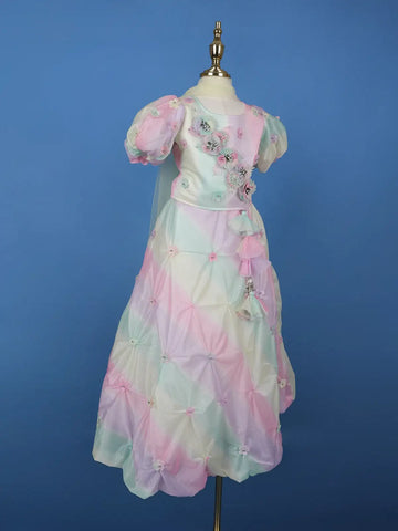 MultiColor 3D Floral Embellishments Organza Kids Lehenga - Diadem